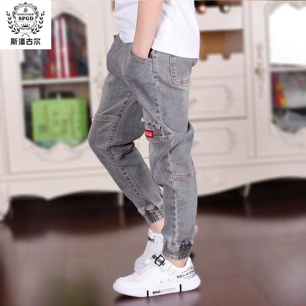 Casual Solid Elastic Waist Boys Jeans