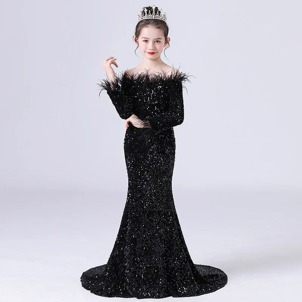 Floor Length Feather Sequin Dress